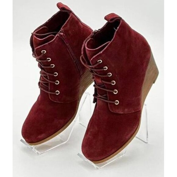 Diba Blake Suede Bootie Women’s 7 Burgundy Leather Upper Wedge Heel Ankle Boots - Picture 4 of 13